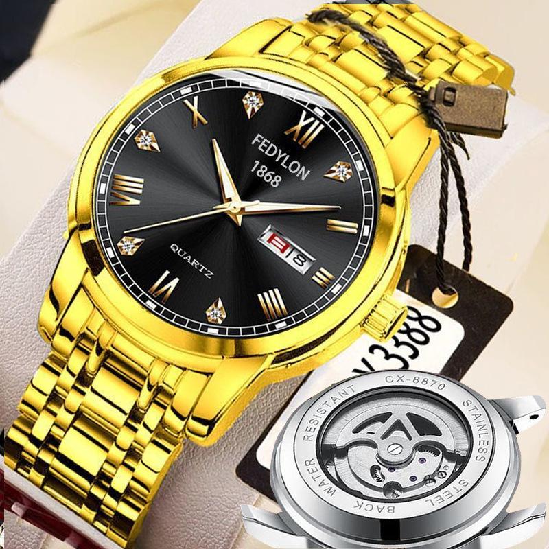 Fedylon 1868 Men's Automatic Watch - Exquisite Gold-Tone Design with Luminous Quartz and Calendar Function