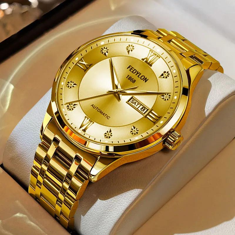 Fedylon 1868 Men's Automatic Watch - Exquisite Gold-Tone Design with Luminous Quartz and Calendar Function