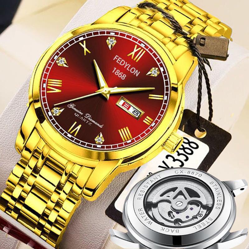 Fedylon 1868 Men's Automatic Watch - Exquisite Gold-Tone Design with Luminous Quartz and Calendar Function