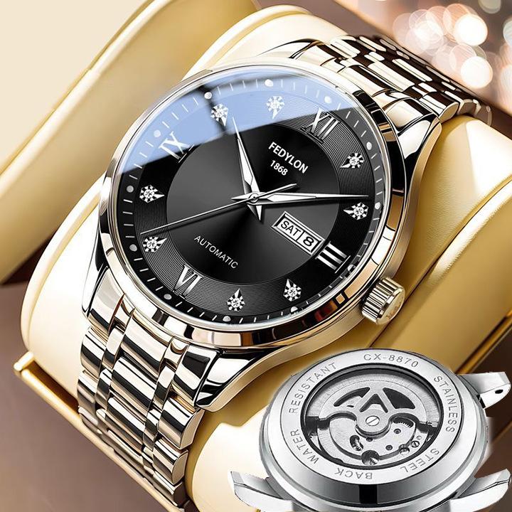 Fedylon 1868 Men's Automatic Watch - Exquisite Gold-Tone Design with Luminous Quartz and Calendar Function