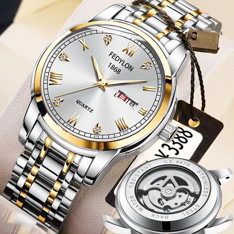 Fedylon 1868 Men's Automatic Watch - Exquisite Gold-Tone Design with Luminous Quartz and Calendar Function