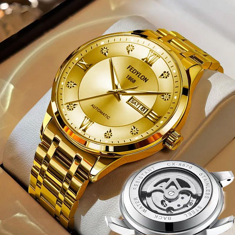 Fedylon 1868 Men's Automatic Watch - Exquisite Gold-Tone Design with Luminous Quartz and Calendar Function