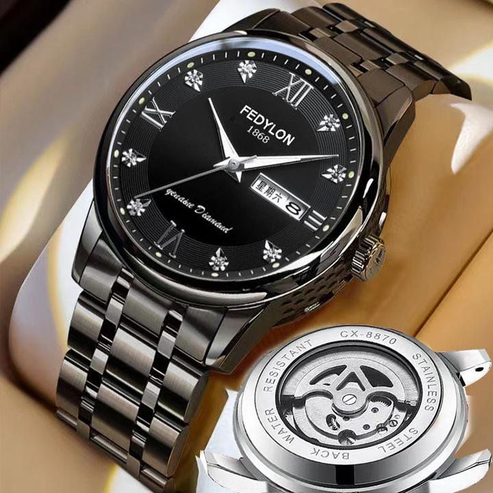 Fedylon 1868 Men's Automatic Watch - Exquisite Gold-Tone Design with Luminous Quartz and Calendar Function