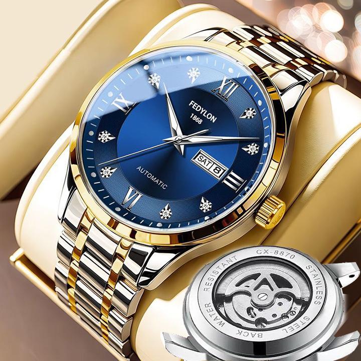 Fedylon 1868 Men's Automatic Watch - Exquisite Gold-Tone Design with Luminous Quartz and Calendar Function