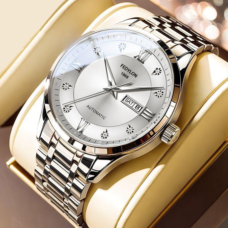 Fedylon 1868 Men's Automatic Watch - Exquisite Gold-Tone Design with Luminous Quartz and Calendar Function