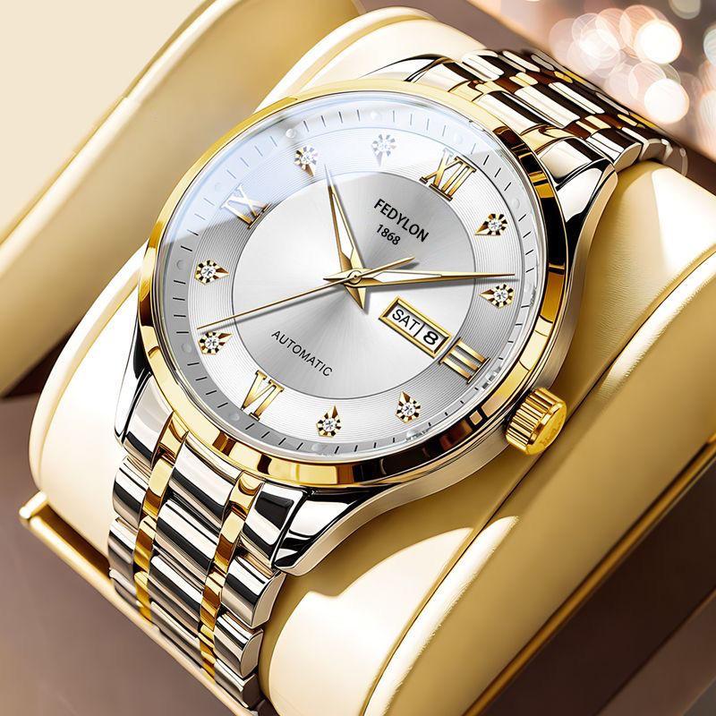Fedylon 1868 Men's Automatic Watch - Exquisite Gold-Tone Design with Luminous Quartz and Calendar Function