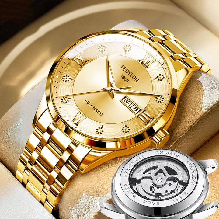 Fedylon 1868 Men's Automatic Watch - Exquisite Gold-Tone Design with Luminous Quartz and Calendar Function