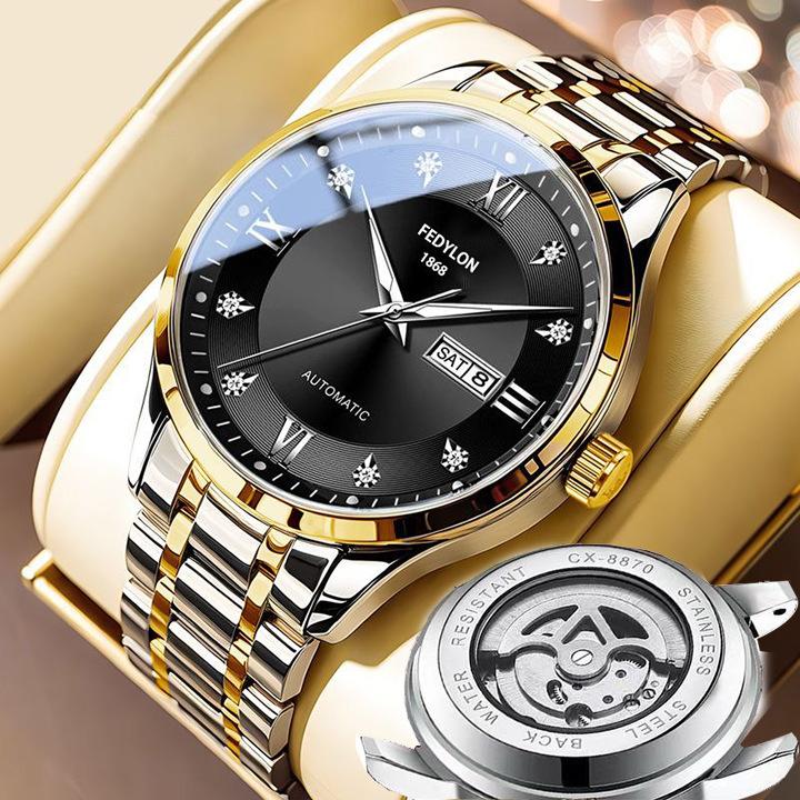 Fedylon 1868 Men's Automatic Watch - Exquisite Gold-Tone Design with Luminous Quartz and Calendar Function