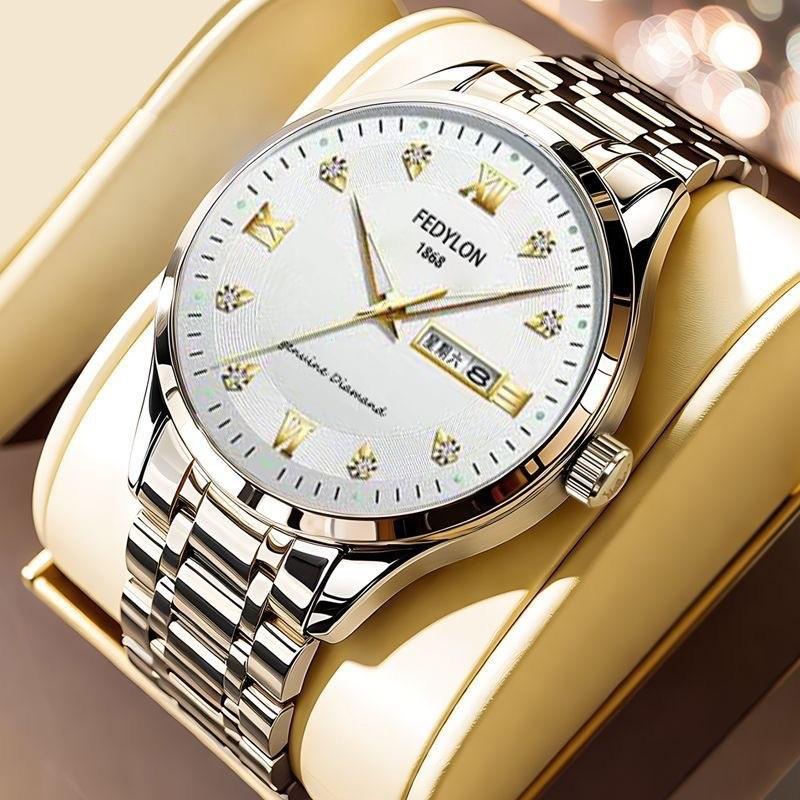 Fedylon 1868 Men's Automatic Watch - Exquisite Gold-Tone Design with Luminous Quartz and Calendar Function