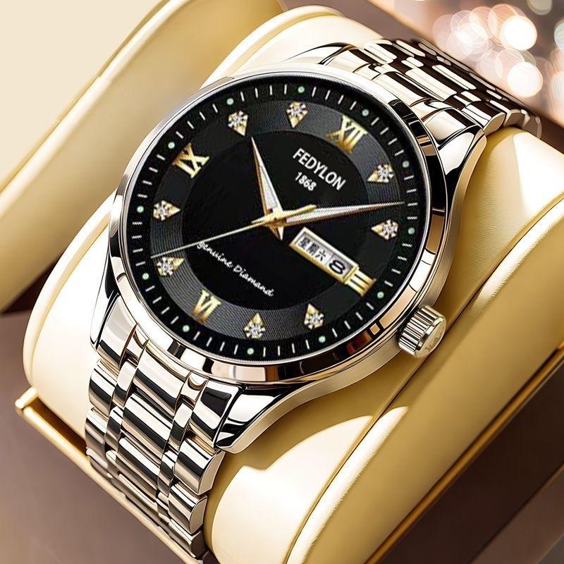 Fedylon 1868 Men's Automatic Watch - Exquisite Gold-Tone Design with Luminous Quartz and Calendar Function