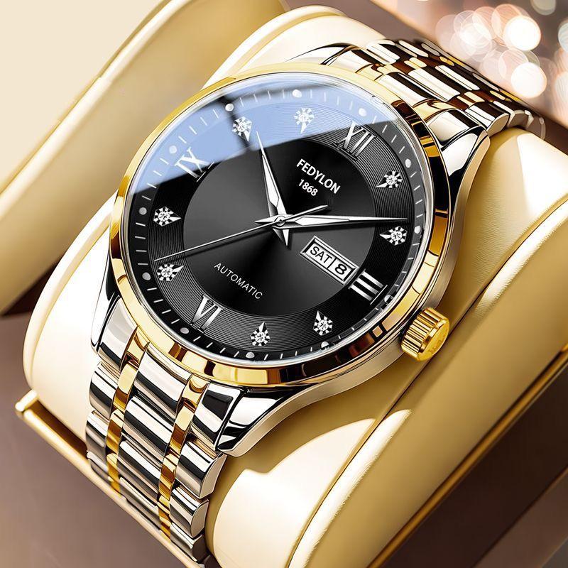 Fedylon 1868 Men's Automatic Watch - Exquisite Gold-Tone Design with Luminous Quartz and Calendar Function