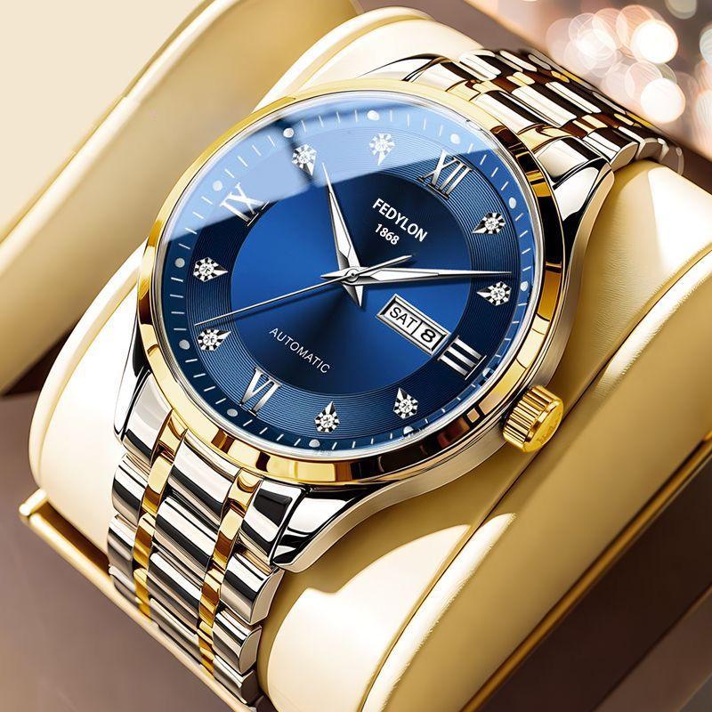 Fedylon 1868 Men's Automatic Watch - Exquisite Gold-Tone Design with Luminous Quartz and Calendar Function